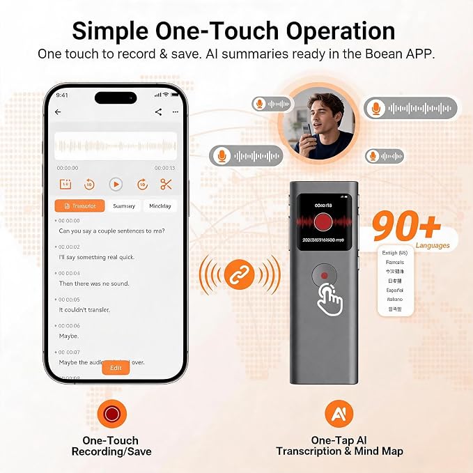 AI Digital Voice Recorder with Transcribe & Summarize, AI Note Taker for Meeting & Lectures, Voice Activated Recorder with Playback, Supports 90+ Languages Recording Device