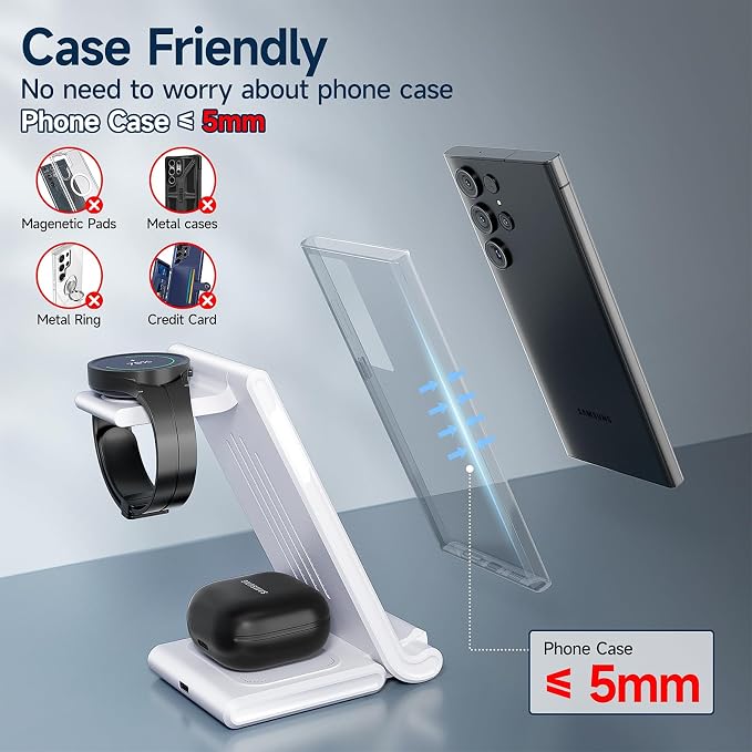 Wireless Charging Station for Samsung,MANKIW Foldable 3 in 1 Fast Charger Station for Galaxy S24 S23 S22 S20 Ultra Z Flip Fold 5/4/3Galaxy Watch 6/5/4/3Buds-White