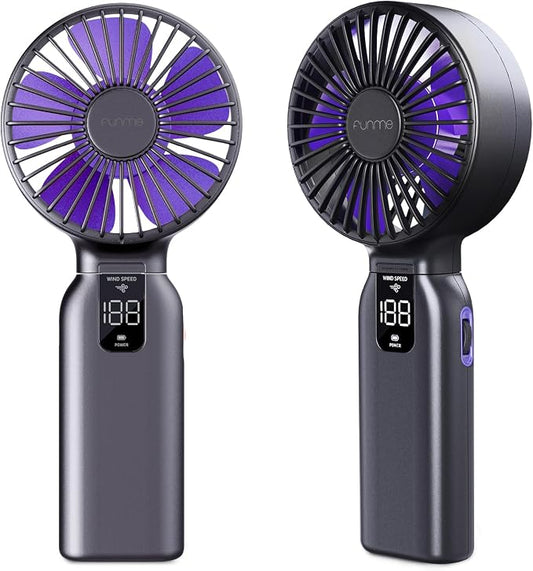 Funme Portable Handheld Fan, 10000mAh Rechargeable Personal Fan with 1-100 Speed Scroll Wheel Control, 46H Max Cooling, Boost Mode, LED Display, Metal Body, Foldable Desk Fan for Travel Outdoor, Blue