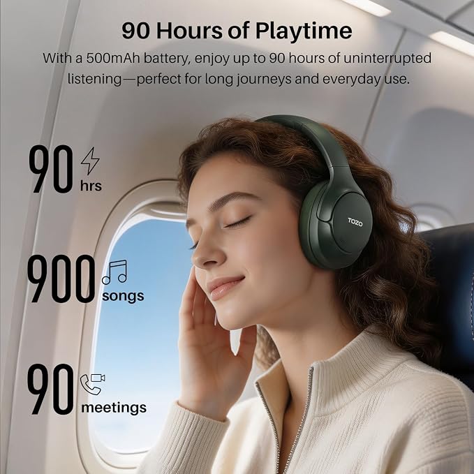 TOZO HT3 Hybrid Noise Cancelling Headphones, 90H Battery Life Wireless Over Ear Bluetooth 6.0 Foldable Headset, AI Voice Assistant with 5 Mics, Connect 2 Devices and Hi-Res Sound, 32 EQ Audio Presets