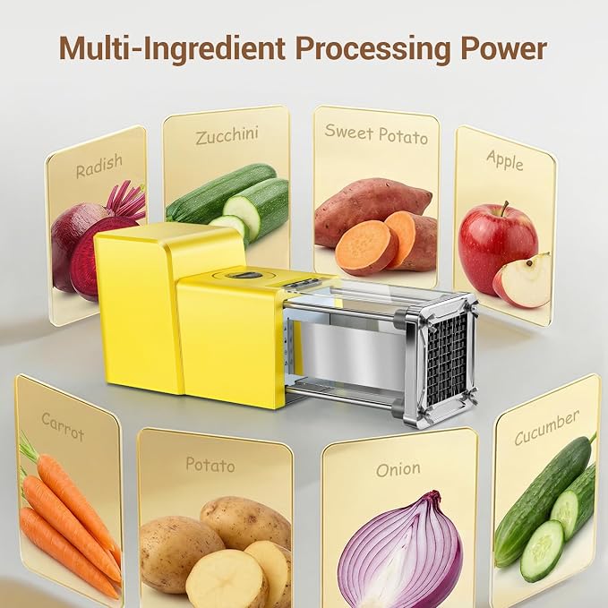 Sopito French Fry Cutter Electric Potato Cutter Stainless Steel with 3 Blades 1/4 3/8 1/2 Inch Blades for Potatoes, Carrots, Cucumbers & Onions, yellow