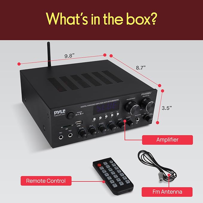 Pyle Home Karaoke Amplifier Receiver with Bluetooth Streaming, 200 Watt Peak, Dual Mic Inputs with Delay and Reverb, 2.0 Channel Hi Fi Sound System, USB-A Input w MP3 Player, RCA/Aux Inputs - PDA69BU