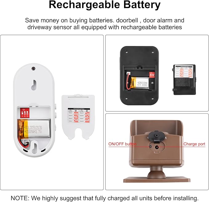 Wireless Alarm System for Home Security Expandable - 6-Piece Kit Include Doorbell, Door Alarm, and Solar Driveway Alarm - Chime/Sensitivity Adjustable NO Wi-Fi NO Monthly Fee With Rechargeable Battery