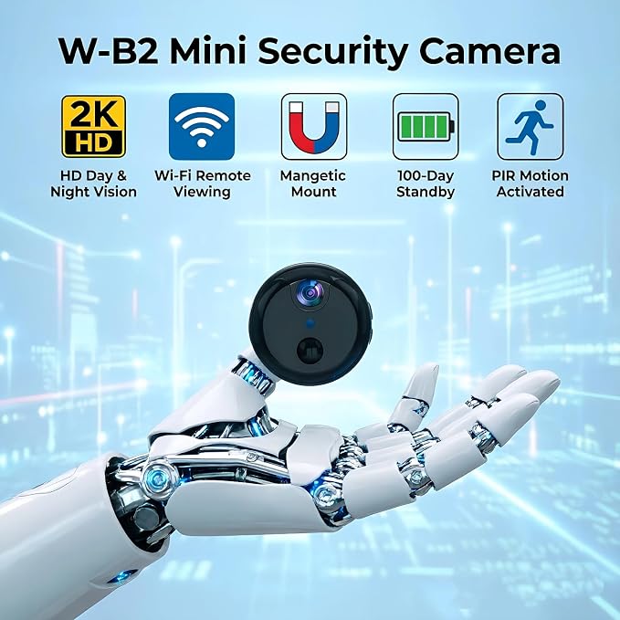 W-B2 Mini Security Camera with 100-Day Standby Time and Magnetic Mount | 2K Indoor Camera with Color Night Vision, Built-in Hotspot and Wifi Remote Viewing, PIR Motion Detection, SD & Cloud Storage