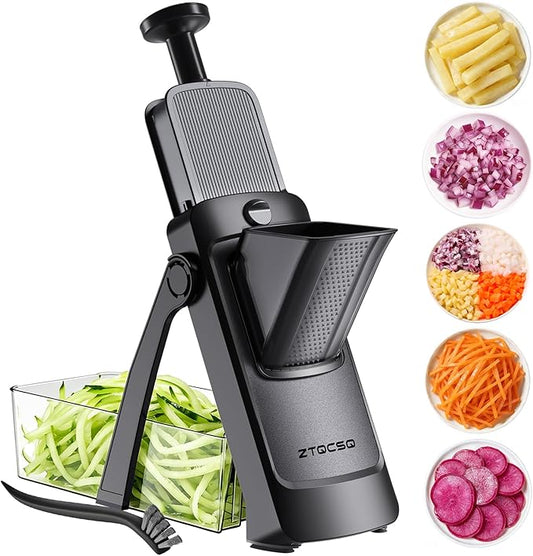 [All in 1] Vegetable Slicer with Adjustable Thickness, Easy to Clean Potato Mandoline Slicer with Container, Rapid Prep French Fry Veggie Cutter/Onion Slicer, Free Grater/Cleaning Brush (Black)