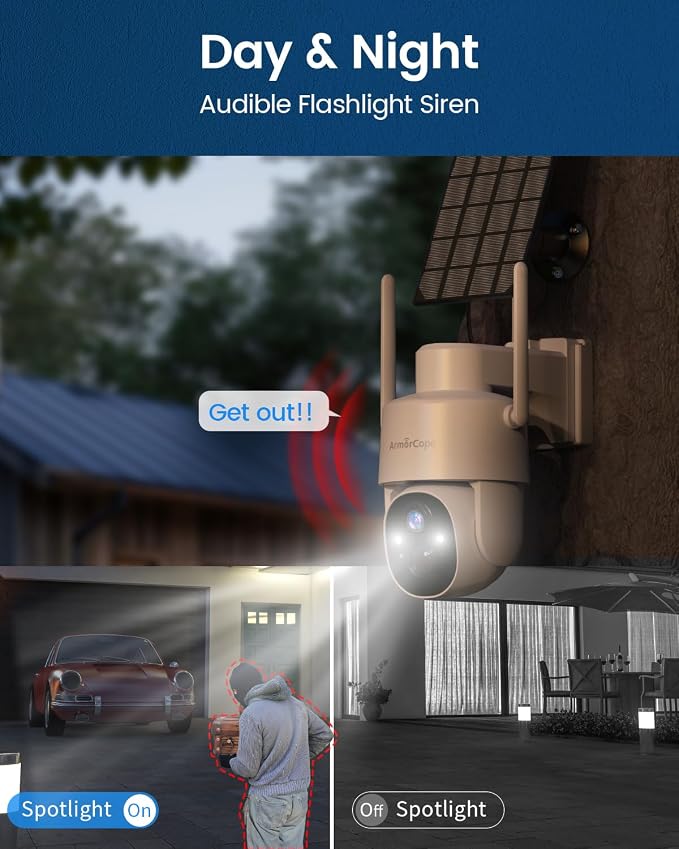 Armorcope Solar Security Cameras Wireless Outdoor,360° View Battery Powered with Spotlight Color Night Vision,2K WiFi Home Security,PIR Sensor,Wireless Easy Install, 2.4 GHz Wi-Fi