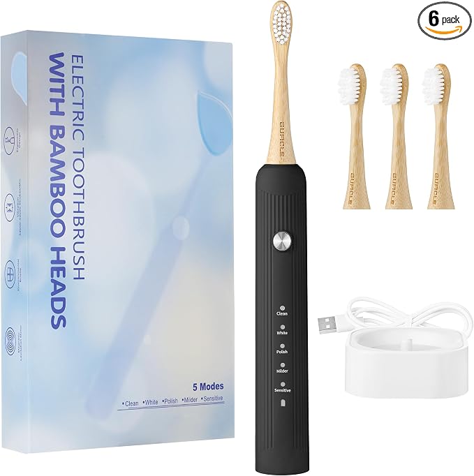 Bamboo Electric Toothbrush for Adults, Electric Toothbrush with 4 Bamboo Heads, Soft Castor Oil Bristles, 5 Modes, Smart Timer, Sonic Technology, IPX7 Waterproof, 70-Day Battery Life-Black