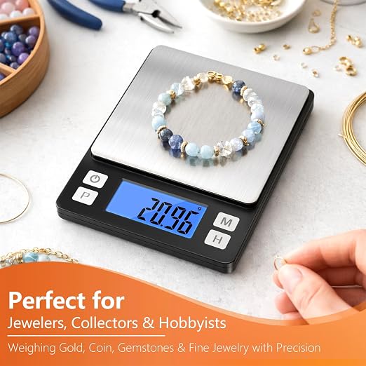 BOMATA 0.01g High Precision Jewelry Scale, 1000g Digital Gram Scale with Hold, Tare & Counting Function, Small & Portable Design for Gold, Bullion, Coins, Gemstones & Crafts, Black