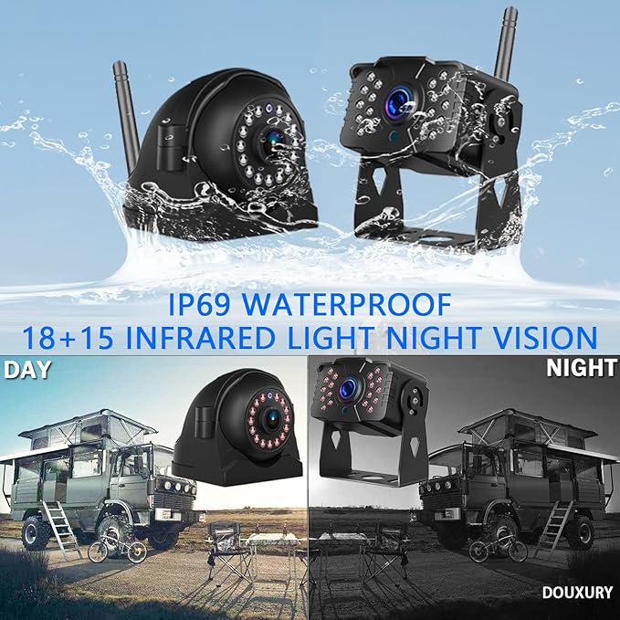 Wireless RV Backup Camera for Trailer Truck Camper Digital Rear Side View Cameras & HD 1080P 4 Splits 7" DVR Screen with Adapter for Furrion Pre-Wired IP69 Waterproof Night Vision 170° Wide View Angle