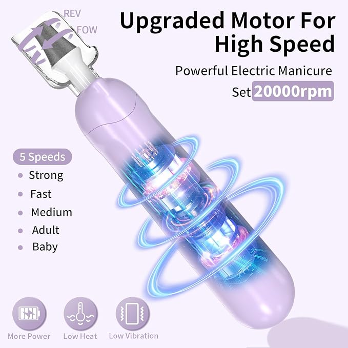 Cordless Electric Nail File Set, Rechargeable Pedicure Tools for feet, Professional Manicure Pedicure Kit 5 Speeds Hand Foot Care Nail Drill for Thick Nail Toenail Cuticle Women Men Pets, Oil-Purple