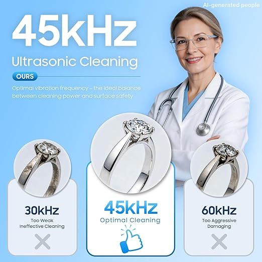 Ultrasonic Jewelry Cleaner, 45kHz Professional Sonic Cleaner Machine for Silver, Glasses, Dentures, 304 Stainless Steel Tank 20oz with 2x100ml Cleaning Solution for Home, Jewelry Store, Dental Care | 45kHz deep cleaning with 3 power 5 timer degas mode ...