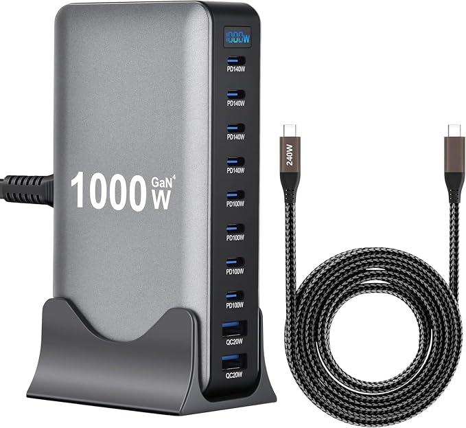 Famous Tech Shop 1000W GaN 10-Port USB-C Charging Station with 240W Cable, Fast Desktop Charger for Laptops, Tablets, Phones, Gaming Consoles