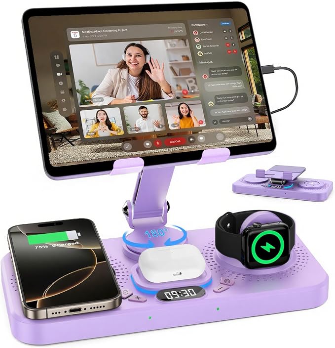 30W Charging Station for Apple Products, Foldable Wireless Charger with Clock Display&7 Color Light, Wired Charging for iPad/Tablet Charging Station for iPhone17, for Apple Watch11 for AirPods4(Purple