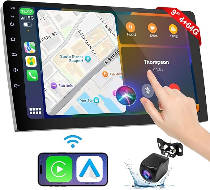 9 Inch Wireless Carplay Screen for Car,Double Din Car Audio Receivers with Voice Control,HD Portable Car Stereo Touch Screen with Backup Camera