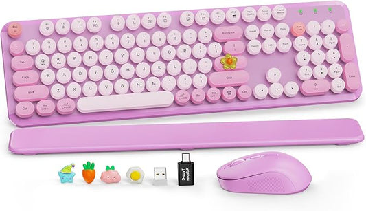 Wireless Keyboard and Mouse Combo, Round Keycaps, Full-Size Retro Typewriter Keyboard with Magnetic Wrist Rest, Tilt Legs, 2.4GHz Cordless Connection for Mac/Windows/PC, SABLUTE CK23, Lavender Purple