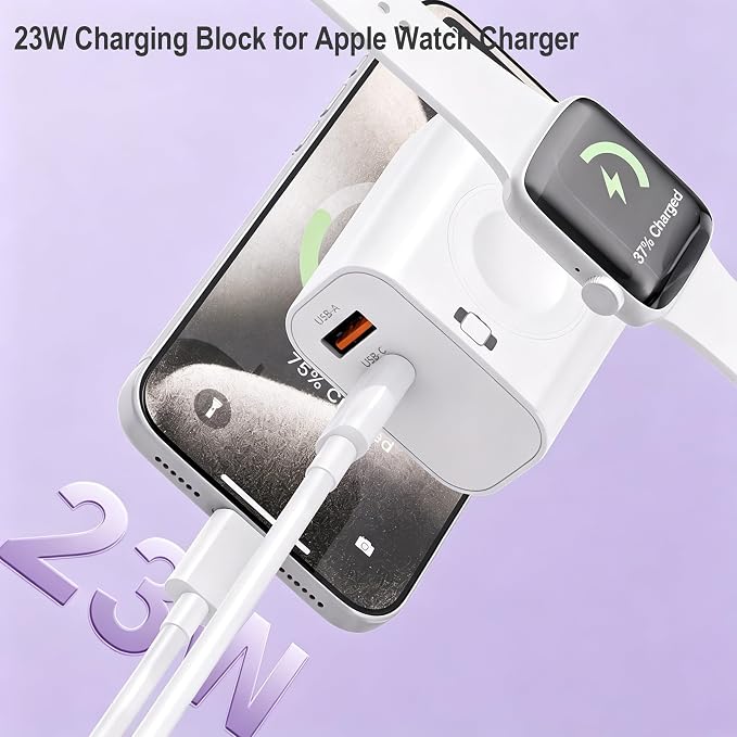 Charger Block for Apple Watch,23W PD 3 in 1 USB C Charging Block Build in Wireless Magnetic iWatch Charging Wall Charger Plug Cube Compatible with iWatch Series 11/10/9/8/7 Ultra 3/2/1,iPhone 17/16/15