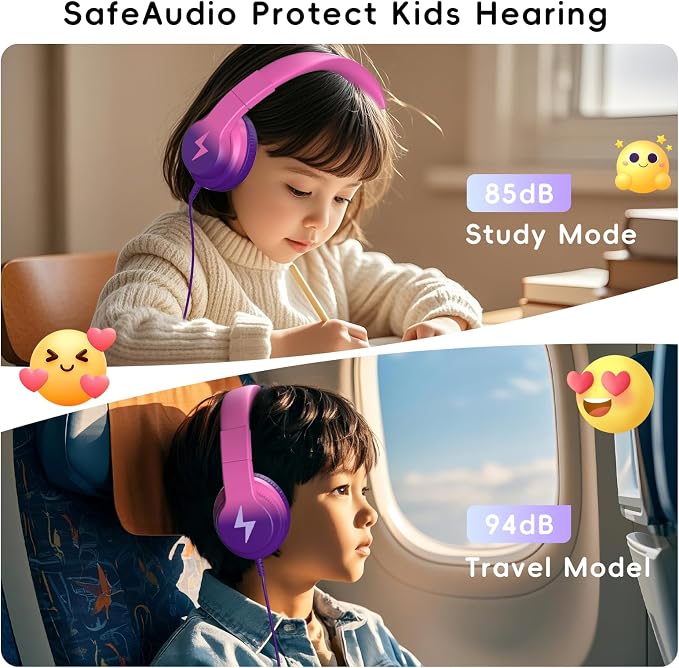 Candy Bila Kids Headphones, Wired Headphones for Kids Over Ear with Microphone, 85/94dB Volume Headphone for Girls Boys, Foldable Headphone for Learning & Entertainment, Deep Purple and Pink