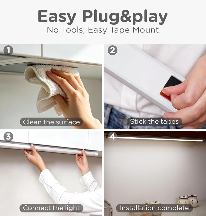 Under Cabinet Lighting Plug in, 24 Inch Motion Sensor Light with Timer, 3CCT 3000K/4000K/5000K, Linkable Ultra Bright Aluminum Counter LED Lights Indoor for Kitchen, Closet, White, 3 Pack
