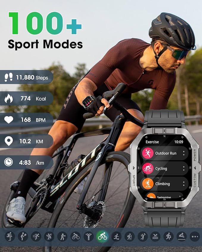 Military Smart Watch Built-in GPS, 100+ Sport Modes for Men, Smartwatch with Heart Rate & Sleep Tracking, 2ATM Waterproof, Bluetooth Calling, Fitness Watch for iPhone & Android, Black
