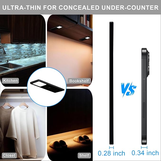 Under Counter Lights for Kitchen, Plug in Linkable LED Dimmable Hard Wired Under Cabinet Lighting for Kitchen Counter Closet, 3000K/4000K/5000K, 0.28 inch Ultra Thin, 3-in-1, Black, ETL