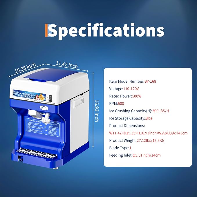 Commercial Shaved Crusher Ice Machine, 300LB/H Snow Cone Machine with 5L Storage Box, Ice Texture Control, 500W 500RPM Electric Snow Cone Maker for Home, Bars, Cafes, Parties, Blue