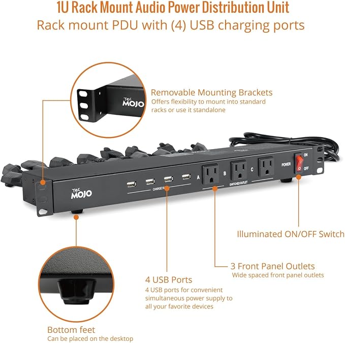 Tecmojo 1U Rack Mount 19 Outlet PDU Power Distribution Unit Circuit Breaker fits 19-inch AV/Network/Server Cabinet/Closet/Enclosure