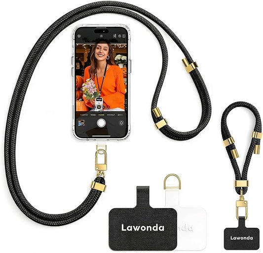 2 Pads Phone Lanyard Crossbody Adjustable Anti Theft Cell Phone Strap for Travel Essentials, Premium Metal Buckles, Universal Neck Wrist Lanyard 2pcs Phone Tether Tab (Black/Gold)
