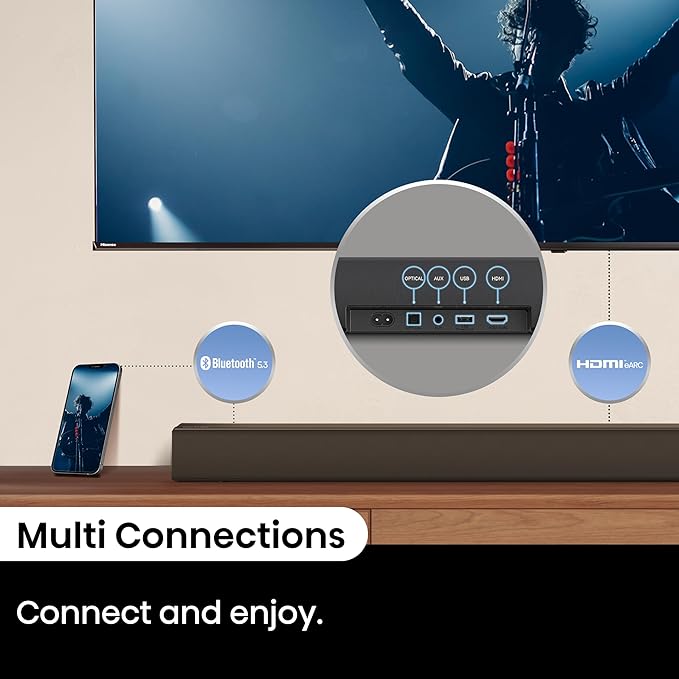 Hisense AX3100Q 3.1Ch Sound Bar with Wireless Subwoofer, Dolby Atmos, DTS:X, Bluetooth 5.3, Roku TV Ready, HDMI/AUX/ARC/Optical/USB, EzPlay, 7 EQ Modes