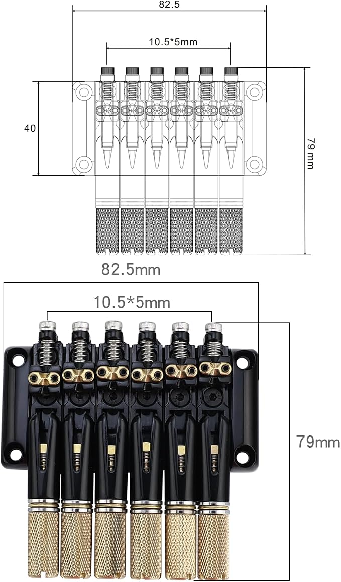 10.5mm Headless Electric Guitar Bridge Black Headless Bass Guitar Bridge Brass Saddles Zinc Alloy Plate Electric Guitar Bridge 6 String Headless Guitar Bridge Fixed