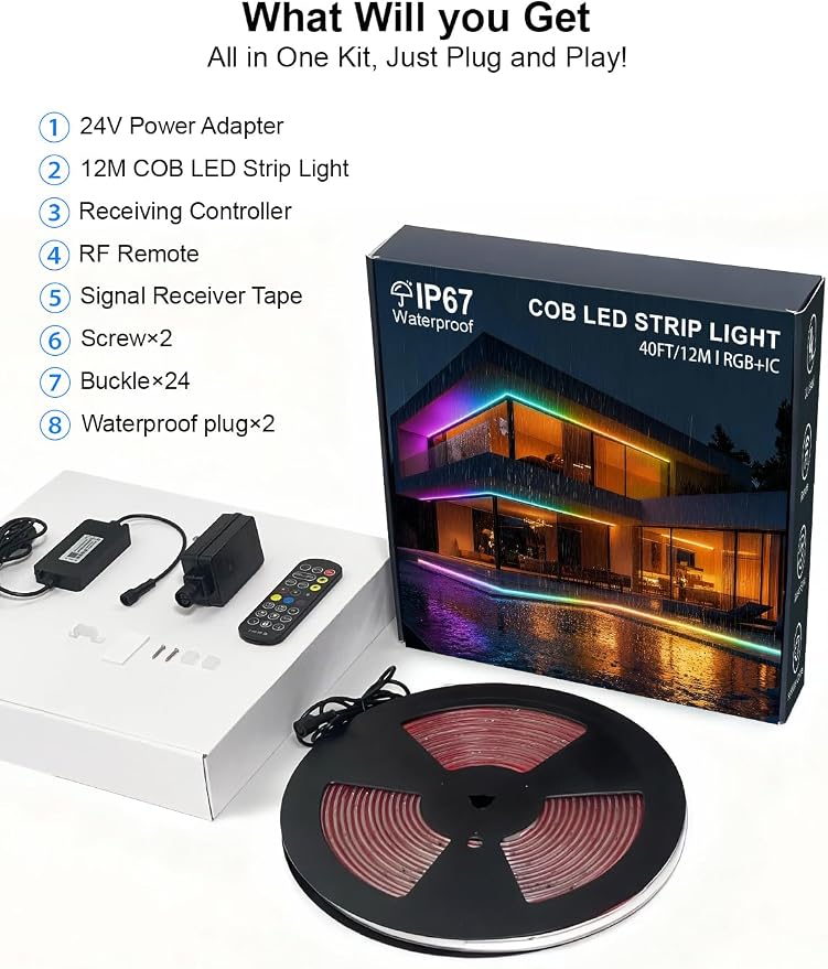 40ft COB LED Strip Lights Outdoor, COB Strips RGB Smart IC IP67 Waterproof Dimmable ,Color Flowing Tape Light with App Control & Music Sync, Dotless LED Light for Outdoor,Patio,Garden,Party Deco