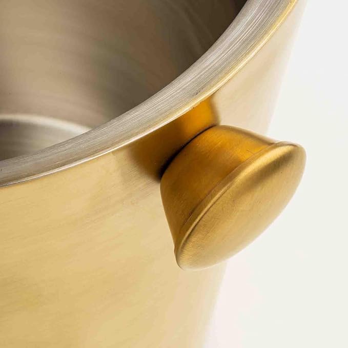 TableCraft 12931 Double Wall Wine Bucket with Knob Handles, 5 Quart Brushed Gold Stainless Steel Champagne Bucket, PVD Finish, Tapered Modern Design, Insulated Chilling Bucket for Bar or Tabletop