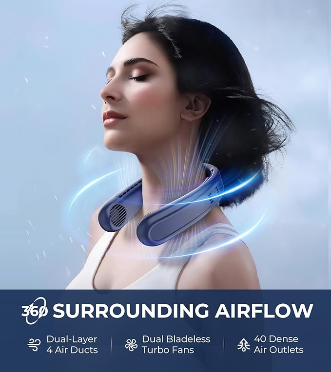 Neck Fan, 1s Fast Cooling Neck Cooler with Dual Ceramic Plates, 8H Long Runtime, 180° Adjustable Lightweight Bladeless Portable Personal Fan, Quiet Cooling for Outdoor Travel Camping Gym