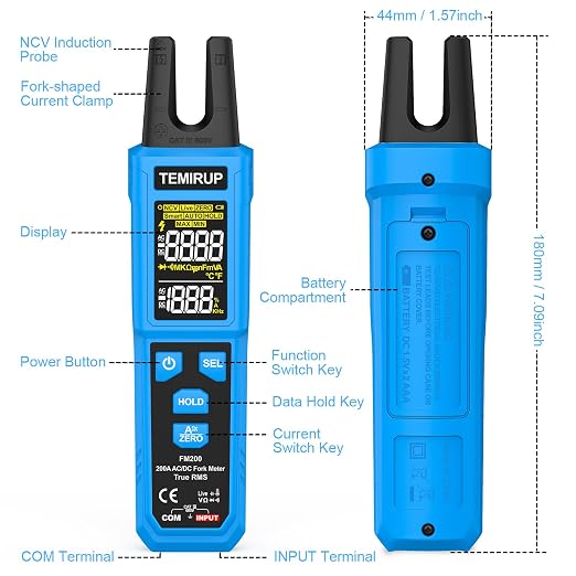 Digital Clamp Meter Multimeter with U-Shaped Jaw for AC/DC Current & Voltage, Auto-ranging 4000 Counts Voltage Tester with Large LCD Backlight, Measuring Temperature Continuity Diode NCV