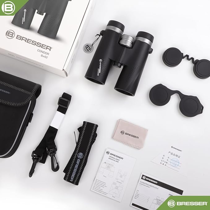 BRESSER 8x42 Binoculars for Adults High Powered with HD Optical System, FMC Green Film BAK4 Prism, Non-Slip Grip, Waterproof, Fogproof, Shockproof for for Hunting Bird Watching Travel Football Games