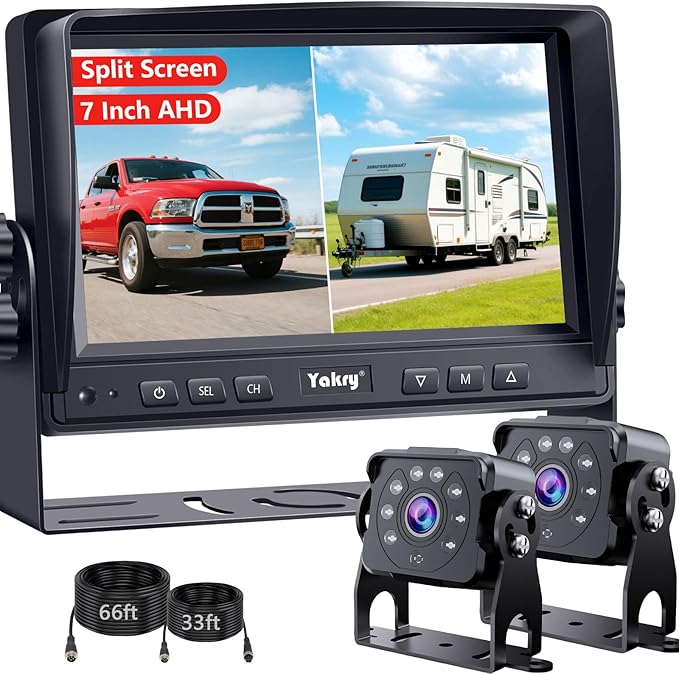 Dual RV Backup Camera for Truck - 7 Inch HD Split Screen Reverse Camera for Trucks, Easy Install, IR Night Vision, IP69 Waterproof - Rear Camera for Trucks, Trailers, RVs, Tractors