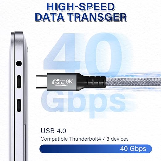 LanSenSu 240W USB4 Cable, 2.6FT, 40GBps Data Transmission, 240W (48V5A) PD Super Fast Charge, 8K@60Hz HD Extension for Thunderbolt 4, Mobile Phone, Notebook, MAC, SSD, PD3.1 and QC4.0