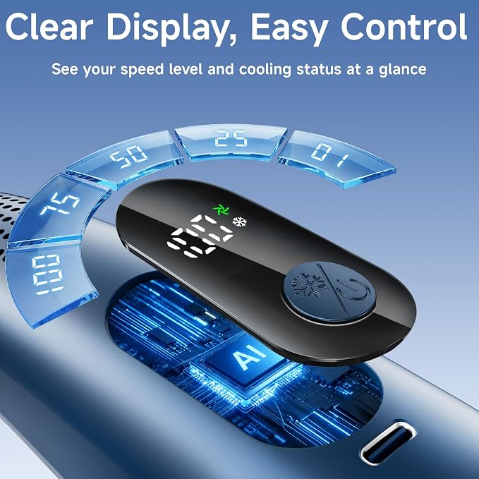 Portable Neck Fan with Cooling Plates, 6000mAh Rechargeable Wearable Fan with 1-100 Speed Control, Hands-Free Personal Cooling Fan with Digital Display, Adjustable Air Outlets for Travel Outdoor-Blue
