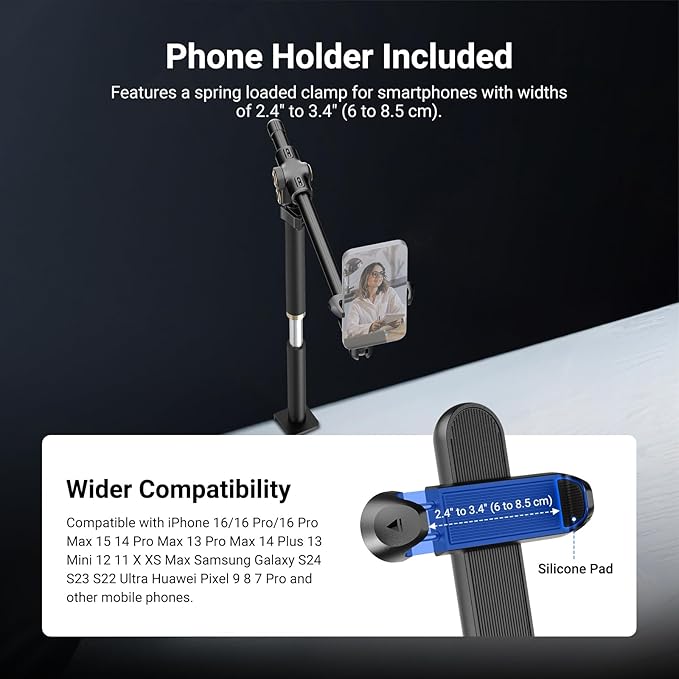 NEEWER Basics Overhead Phone Mount Holder Stand, Metal Desk Tripod Camera Rig Compatible with iPhone Android Samsung for Cooking Makeup Drawing Vlogging Live Streaming Filming Video Recording, ST013