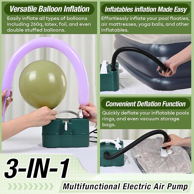 3-in-1 Electric Balloon Pump, Portable Air Pump for Latex 260q Foil Balloons, Dual Nozzle Balloon Blower Machine for Party Decoration, 110V AC Inflator Deflator for Inflatables Pool Floats Mattress