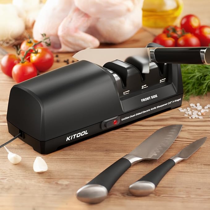 Electric Knife Sharpener, Dual-Sided 3-Stage Sharpener with Diamond Abrasives & Precision Guides, Professional Sharpener for Straight, Serrated & Ceramic Knives