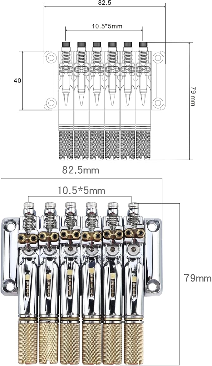 10.5mm Headless Electric Guitar Bridge Chrome Headless Bass Guitar Bridge Brass Saddles Zinc Alloy Plate Electric Guitar Bridge 6 String Headless Guitar Bridge Fixed
