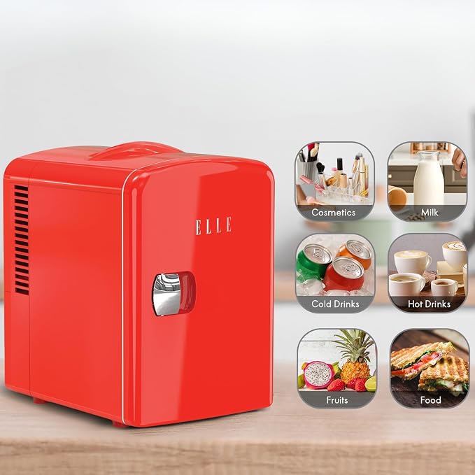 ELLE Multi Purpose 4L Mini Fridge Cooler and Warmer with Cool and Warm Function Removable Shelf Carrying Handle AC DC Power Options for Car Office Bedroom 6 Can Capacity Red