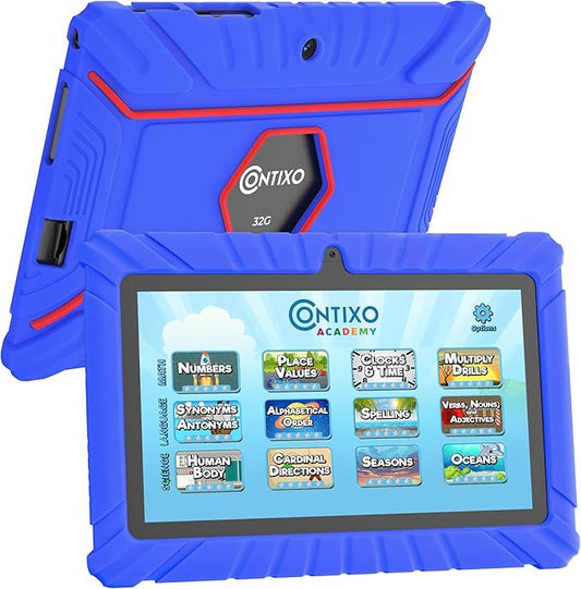 Contixo V8 7" Kids Tablet - 32GB Storage, Pre-Loaded Exclusive Ad-Free Content, Android, Parental Controls, Durable Kid-Proof Case, IPS Touch Screen, Dual Camera, WiFi, Ages 3-12, Gift - Dark Blue