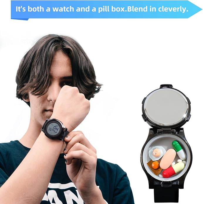 Watch with Pill Box, Fashion Business Digital Watches for Men, Water Resistant Pill Box for Emergency, EDC Box for Emergency, Small Pill Case for Vitamin, Fish Oil