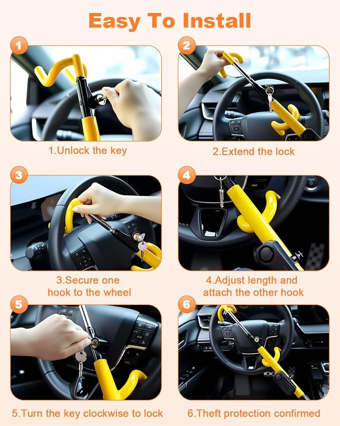 ELECTOP Steering Wheel Lock with Alarm 113db Anti Theft Car Device Double Hooks Car Lock with Adjustable Locking and 2 Key Car Alarm System with Motion Sensor Universal Fit for Vehicle Truck Van SUV