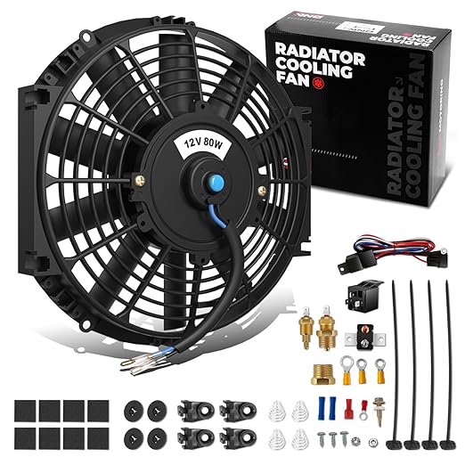 DNA Motoring 12Inch Electric Radiator Cooling Fan Thermostat Wiring Switch Relay Kit, Universal High Performance Slim Fan Push Pull Electric Radiator with Mount Kit, RAF-12+SW-KIT