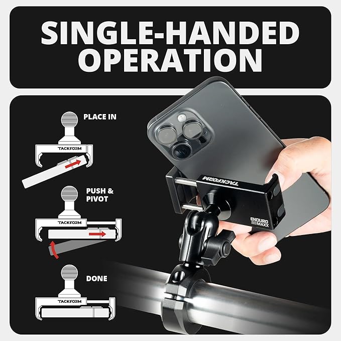 Tackform Black Motorcycle All Metal Phone Mount - 20MAXX Spring Cradle | Universal Clamp Fits 1-1/4" to 1-1/2" Handlebars | Aluminum | Compatible with iPhones, Galaxy Devices, More | Short Reach Arm