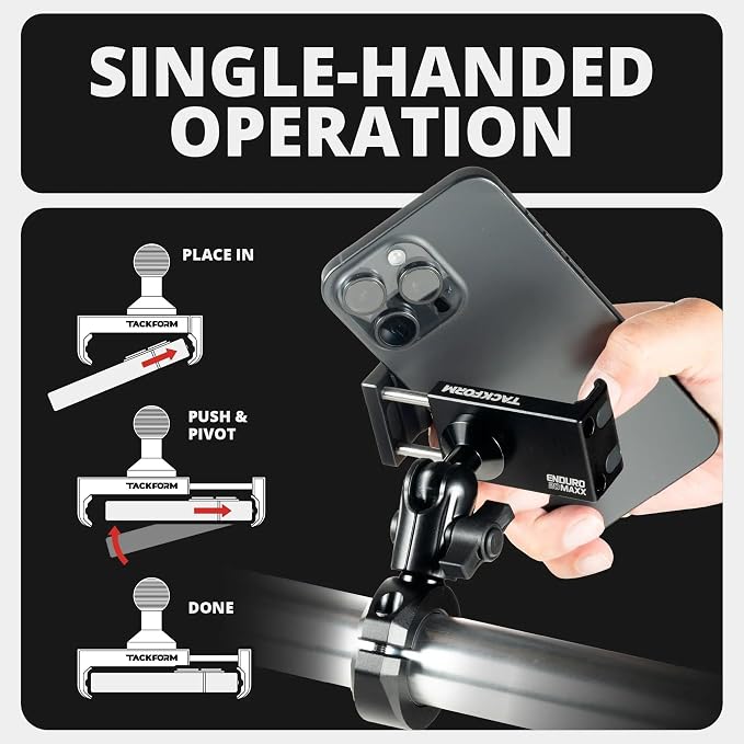 Tackform Black Motorcycle ALL METAL Phone Mount - 20MAXX Spring Cradle | BC3 Universal Clamp Fits 7/8" to 1-1/4" Handlebars | Aluminum | Compatible with iPhones, Galaxy Devices, More | Short Reach Arm