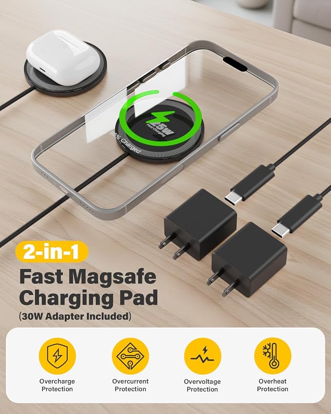 25W Magnetic Wireless Charger, 10FT Fast Charging Pad Wireless Charge for iPhone 17 16 /AirPods3/2/Pro/for Galaxy S26 Ultra/Pixel 10 Series, Portable Charger for Desk& Travel(2Pack,Black)