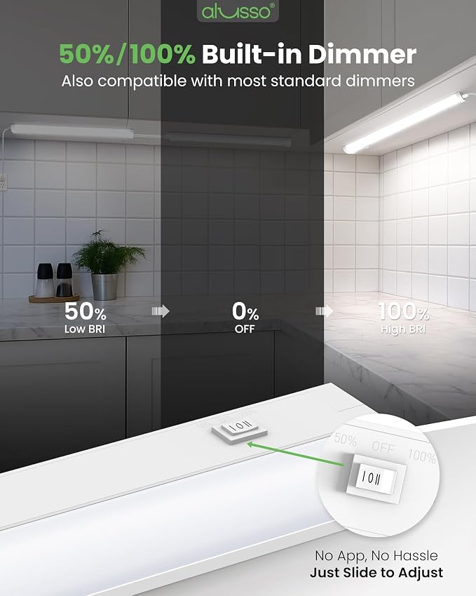 ALUSSO 18 Inch LED Under Cabinet Lighting Plug in 120V, 5CCT Color Selectable 2700K-5000K Dimmable 10W 800LM High Brightness, CRI 90+ Strip Linkable Under Counter Lights for Kitchen Sink, 1 Pack